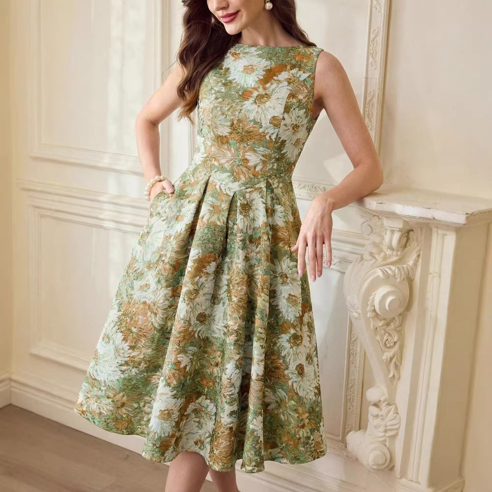 French-style Women's Retro Oil-painting Sleeveless Dress