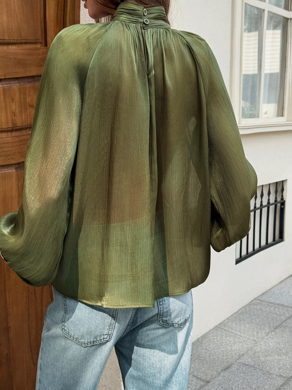 Women's Green Mock Neck Lantern Sleeves Blouse - Green