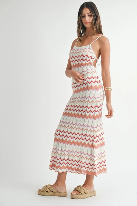 Women's Salmon Lightweight Pointelle Chevron Knit Maxi Dress - Salmon