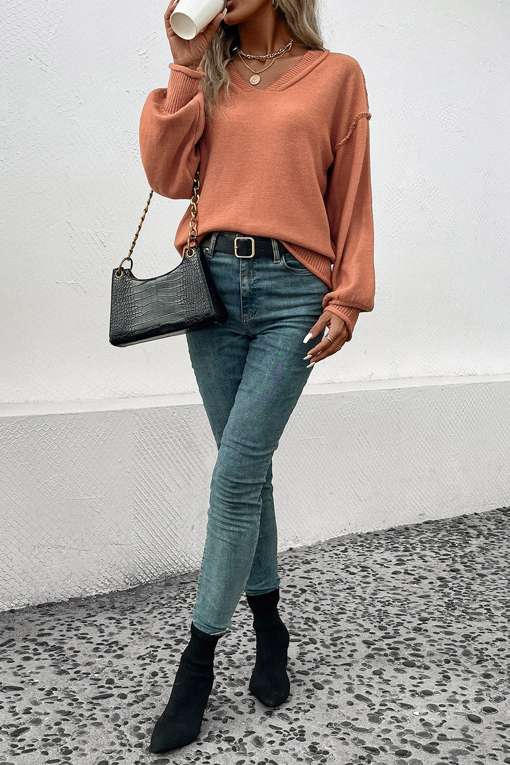 Women's Pumpkin V-Neck Exposed Seam Sweater - Pumpkin