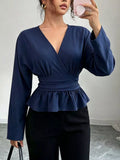 Women's Dark Blue Surplice Long Sleeve Wrap Blouse - Dark Blue