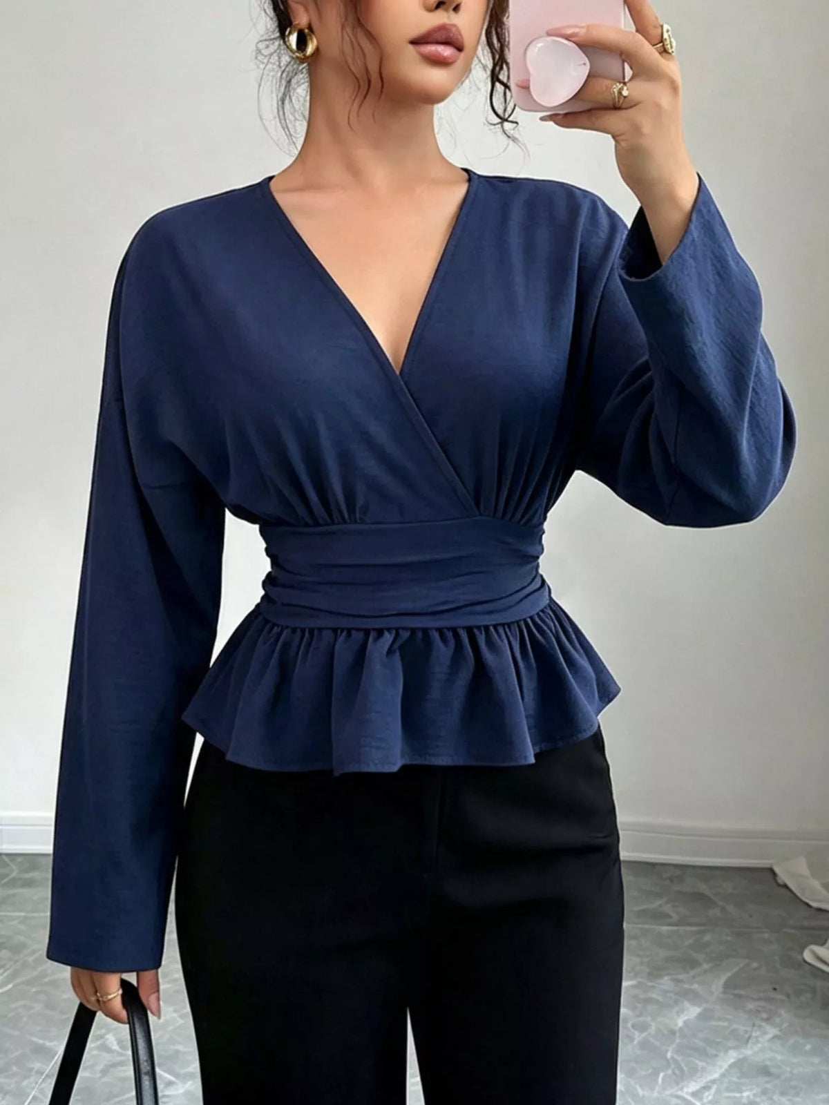 Women's Dark Blue Surplice Long Sleeve Wrap Blouse - Dark Blue