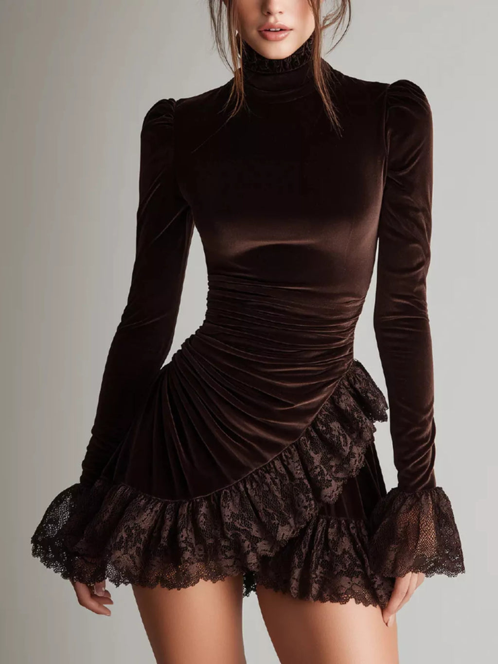 Women's Brown Velvet Mock Neck Mini Dress with Lace Ruffle Trim - Brown