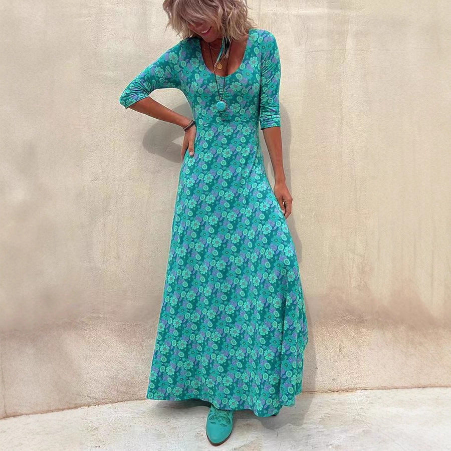 New Autumn And Winter Plus Size Women's Pretty Lady Large Swing Long Sleeve Fashion Flower Print Dress Dress Qing