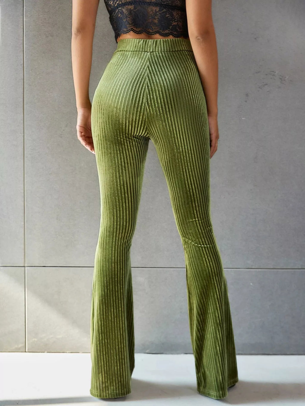 Women's Matcha Green High-Waisted Ribbed Velvet Flare Pants - Matcha Green