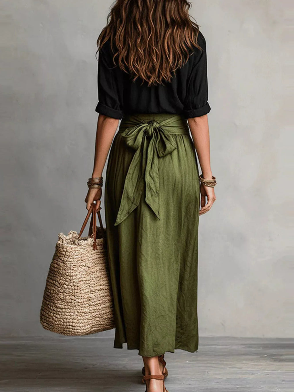Women's Matcha Green Button-Down Shirt and High-Waisted Tie-Front Maxi Skirt Set - Matcha Green