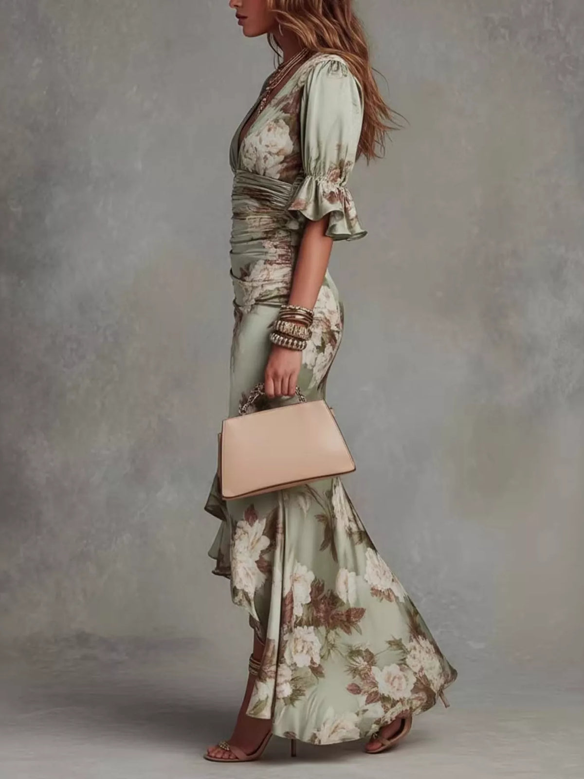Women's Sage Floral Ruched High-Low Midi Dress - Sage