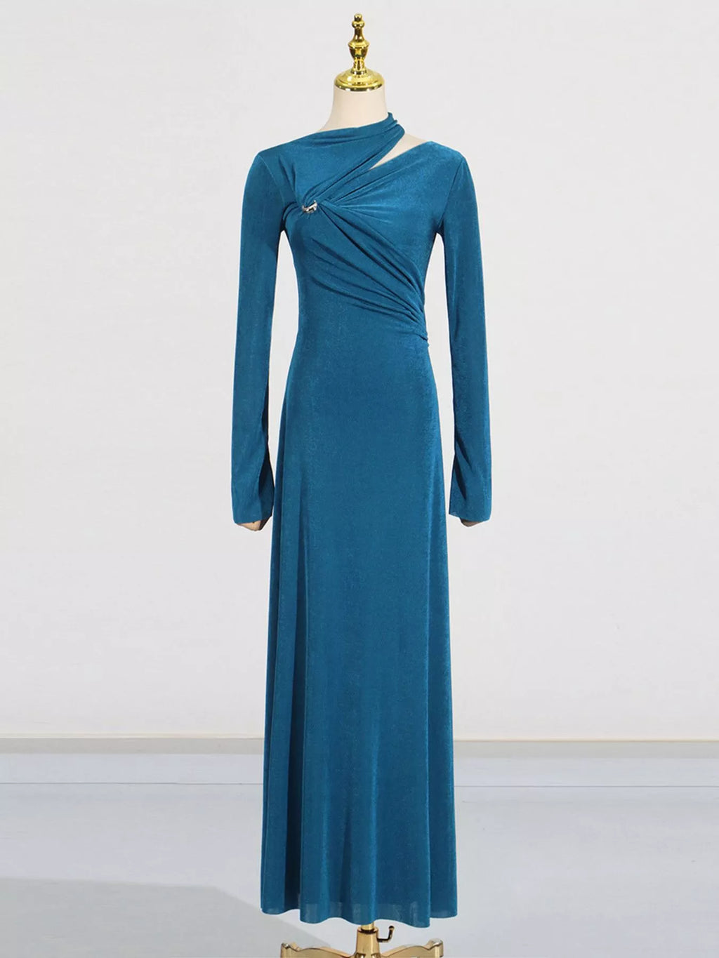 Women's Blue Cutout Ruched Long Sleeve Maxi Dress - Blue