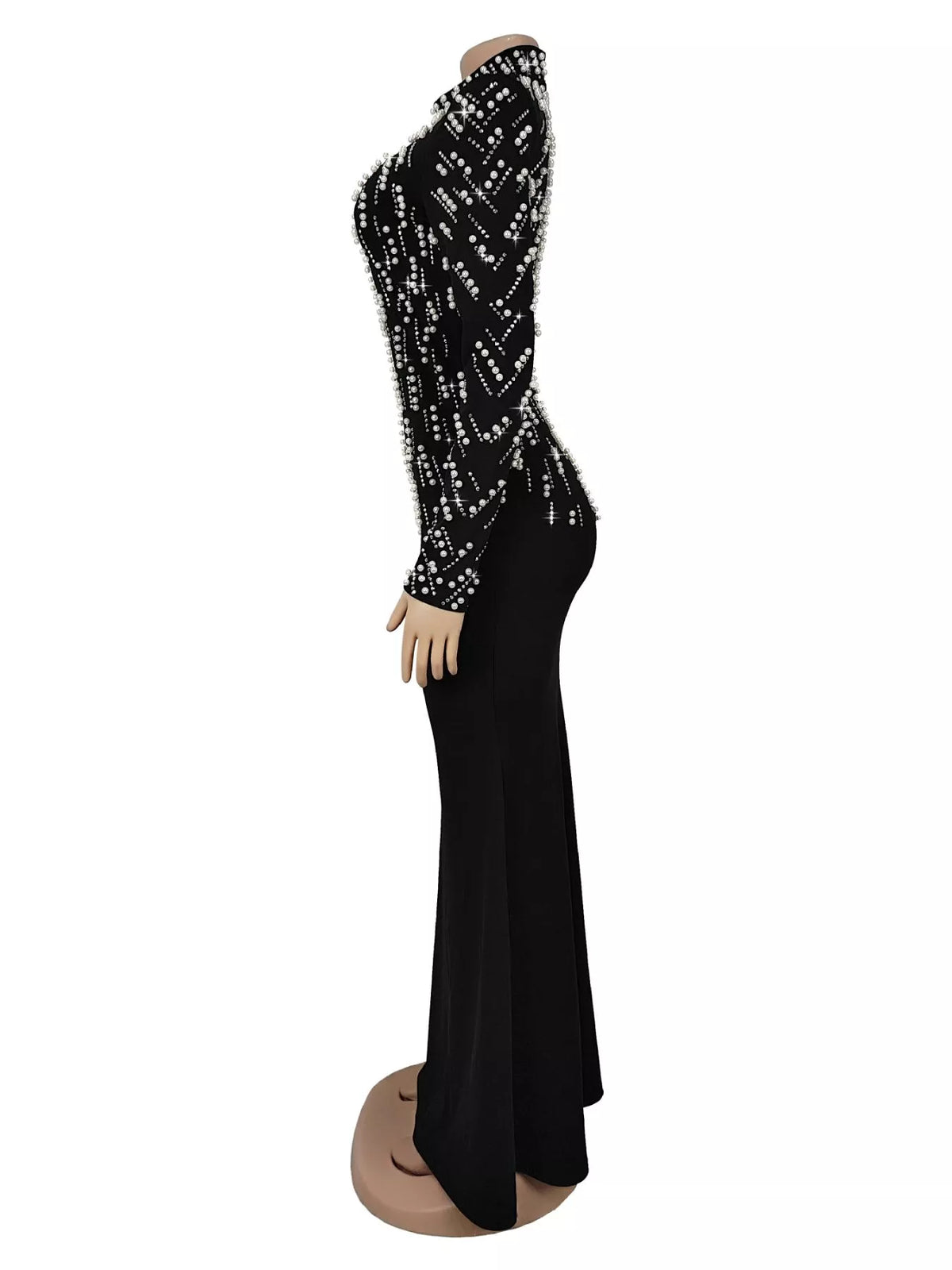 Women's Black Pearl Detail Mock Neck Maxi Dress - Black
