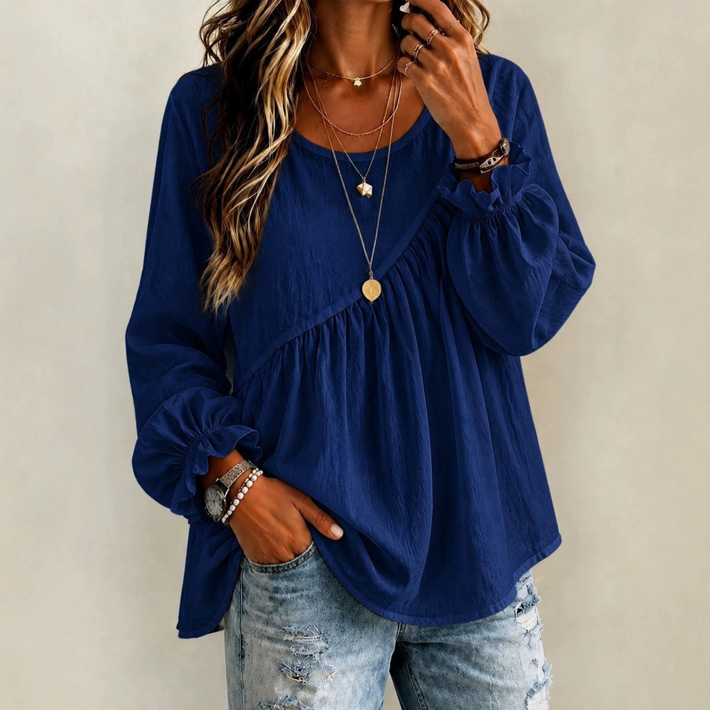 Women's 2026 New Cross-Border European And American Style Women's Solid Color Round Neck Long Sleeve Ruched Shirt Top, Casual Versatile Loose Fit