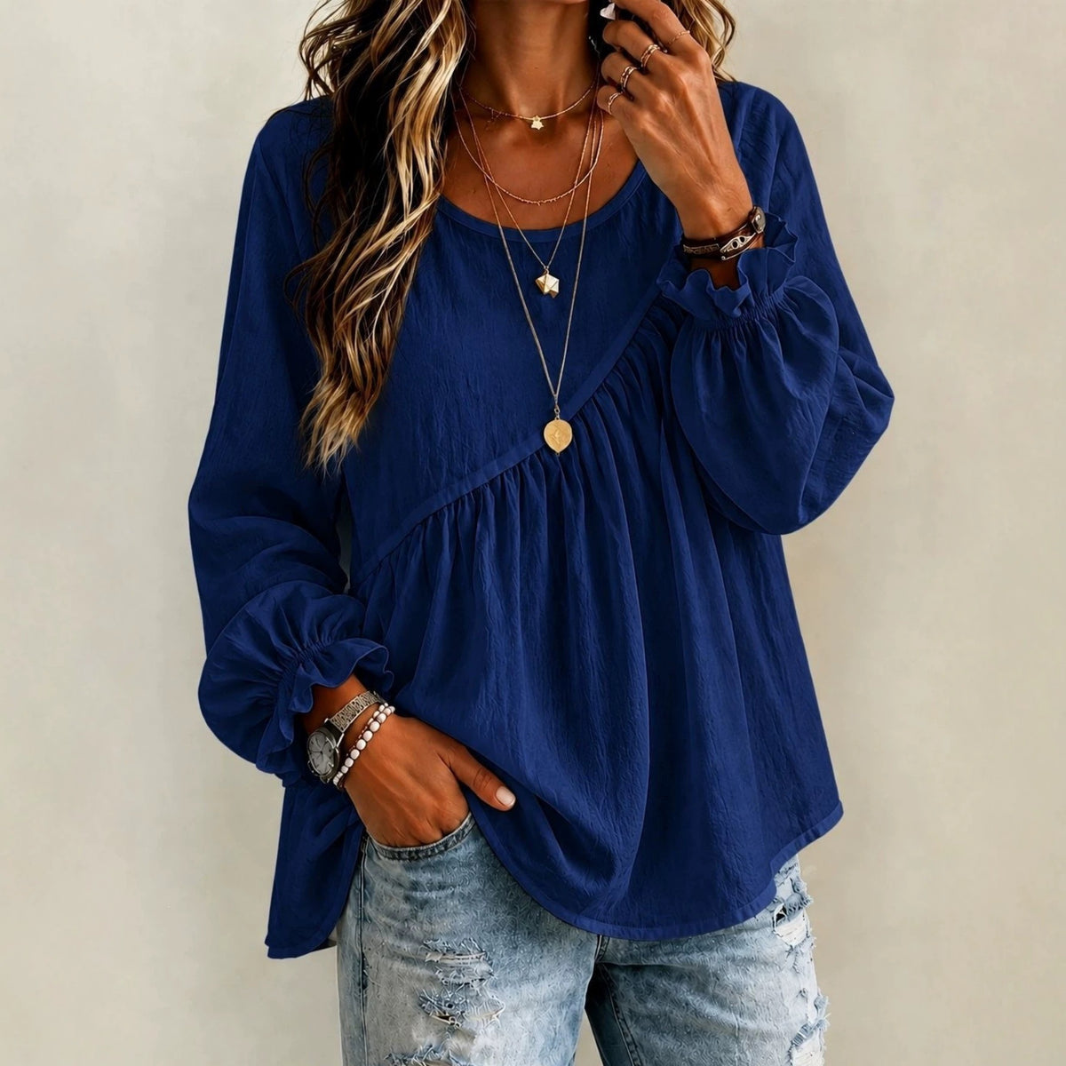 Women's 2026 New Cross-Border European And American Style Women's Solid Color Round Neck Long Sleeve Ruched Shirt Top, Casual Versatile Loose Fit