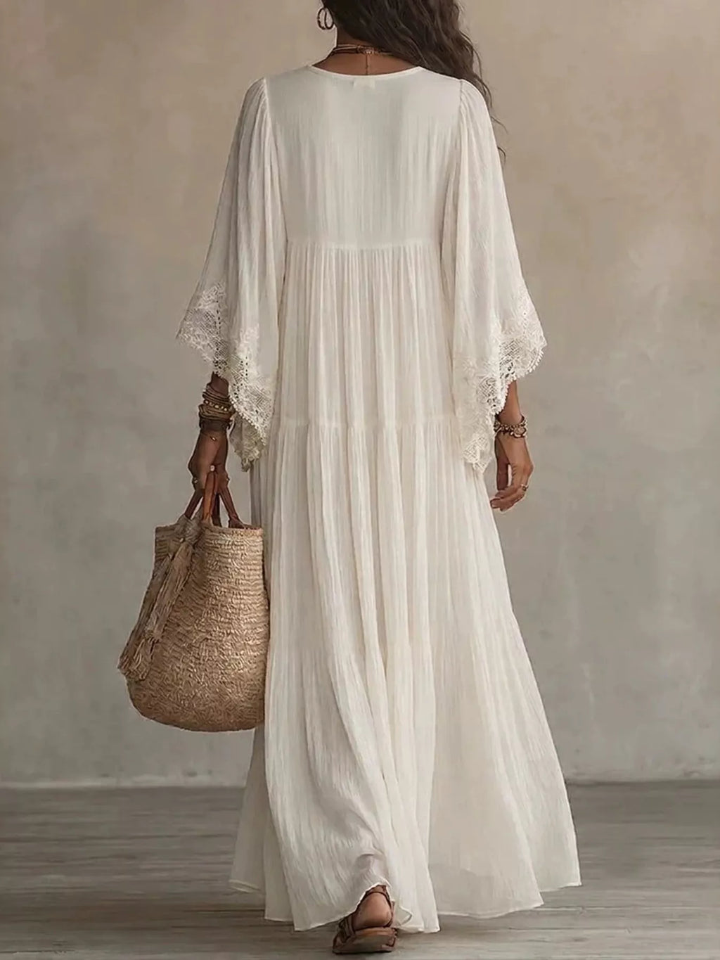 Women's Lace Trim V-Neck Maxi Dress
