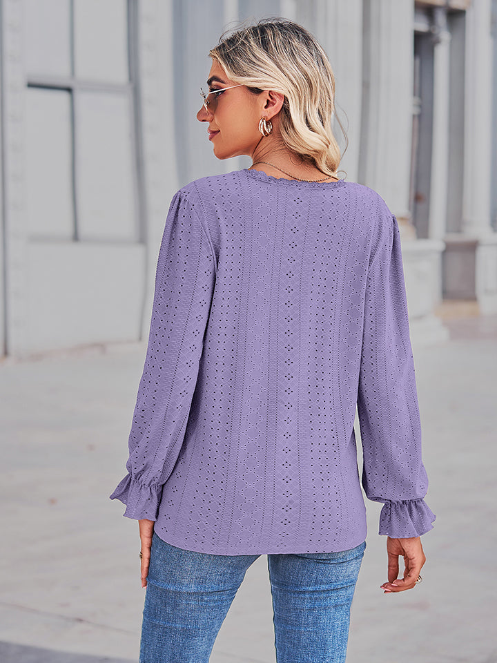Women's Eyelet V-Neck Flounce Sleeve Blouse