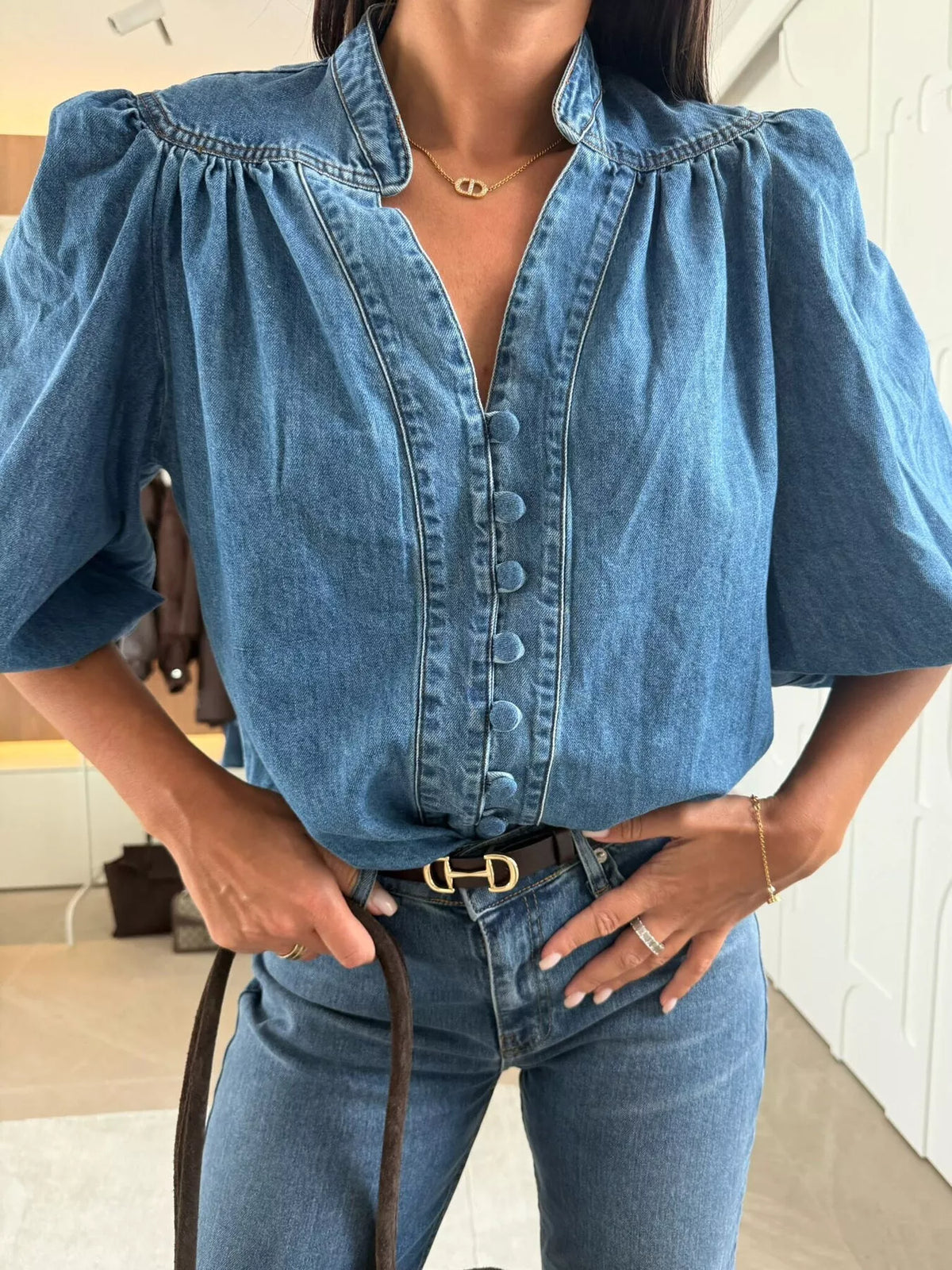 Women's Puff Sleeve Button Front Denim Top