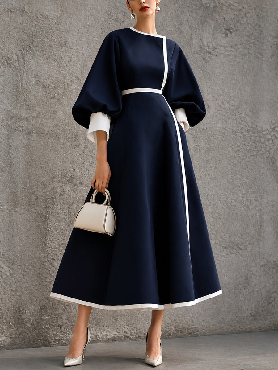 Women's Three-quarter Lantern-sleeve Color-block Dress