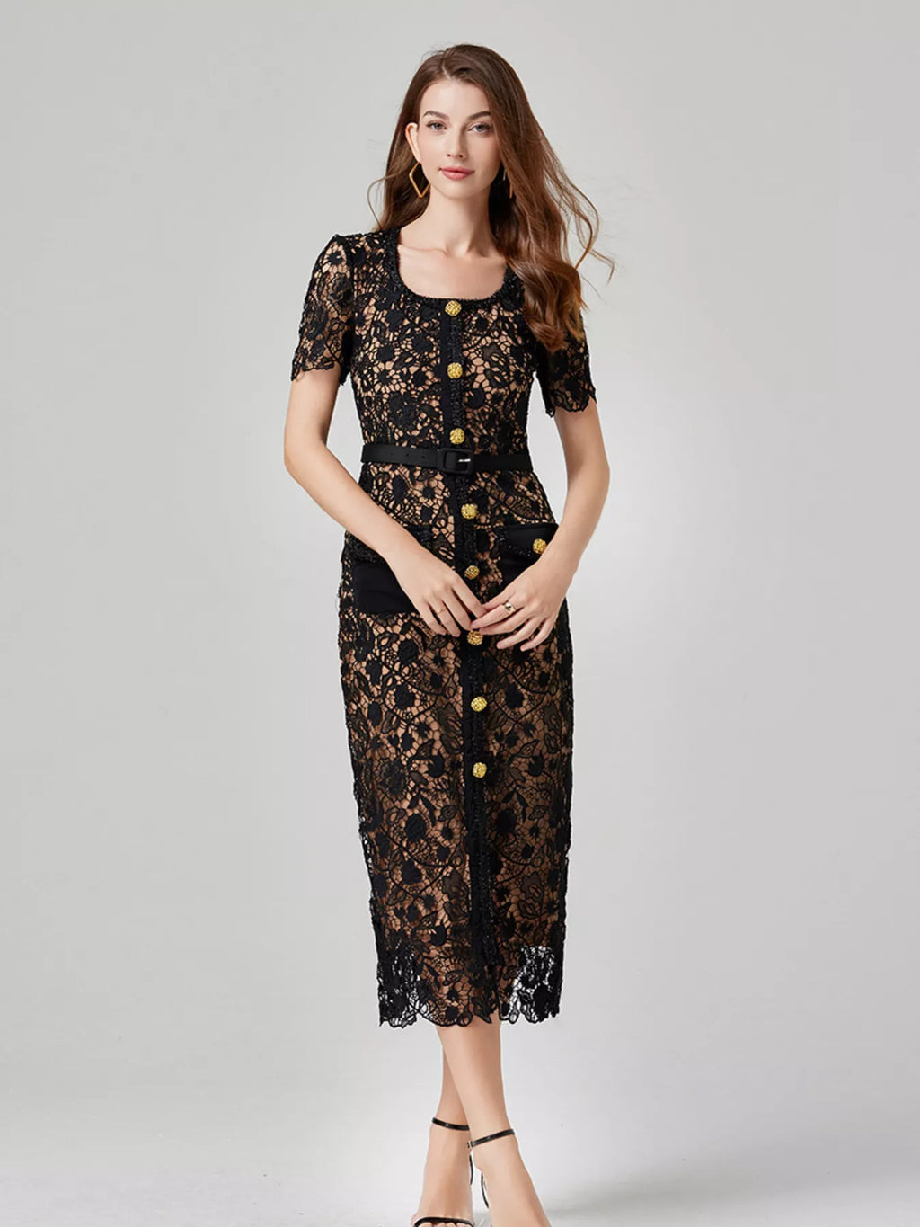 Women's Lace Button-Up Midi Dress