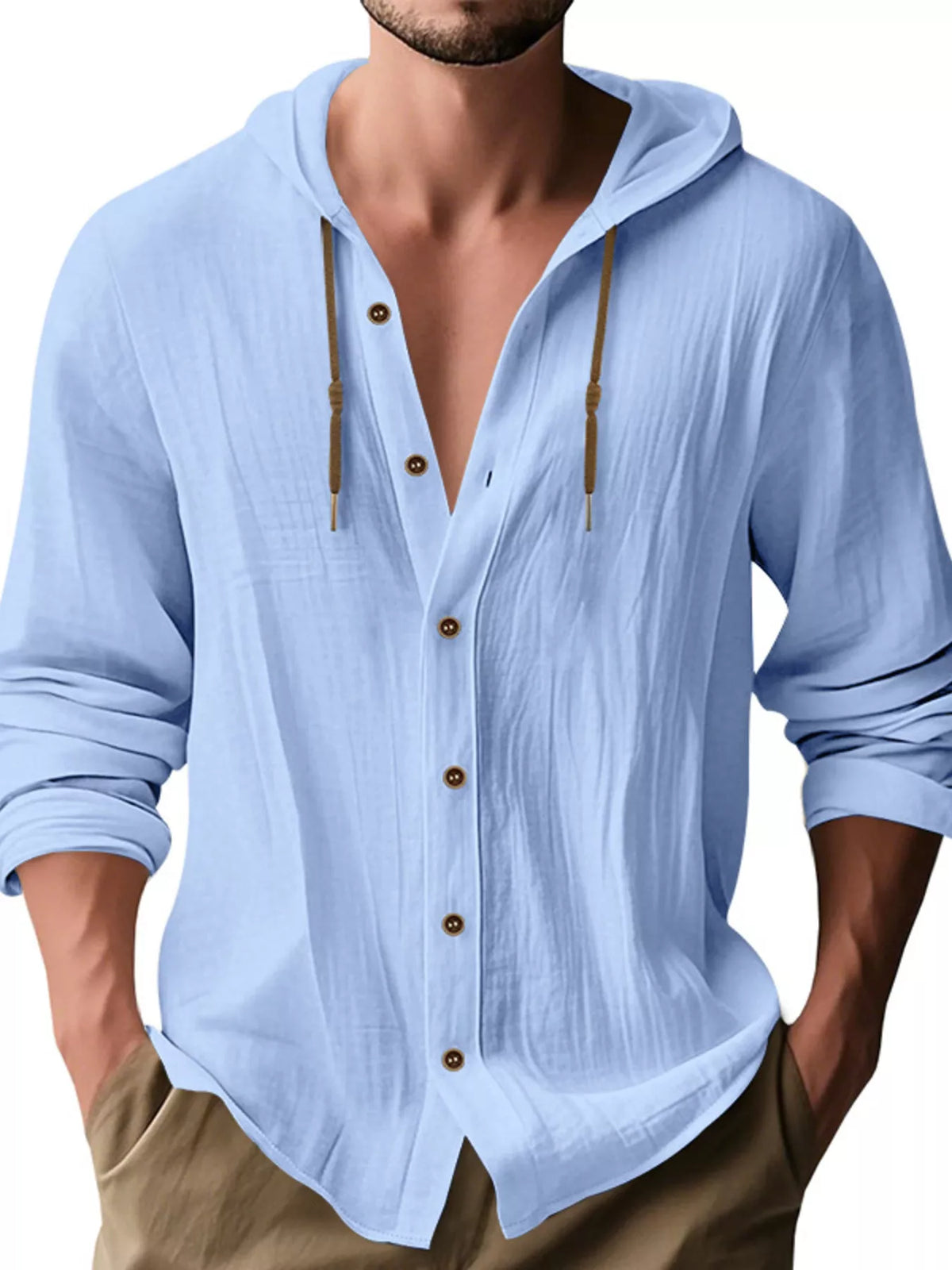 Men's Full Size Drawstring Button Up Hooded Shirt Plus Size