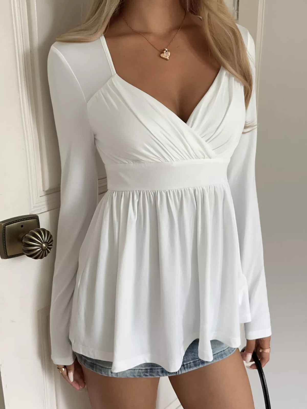 Women's White Surplice Peplum Long Sleeve Top - White
