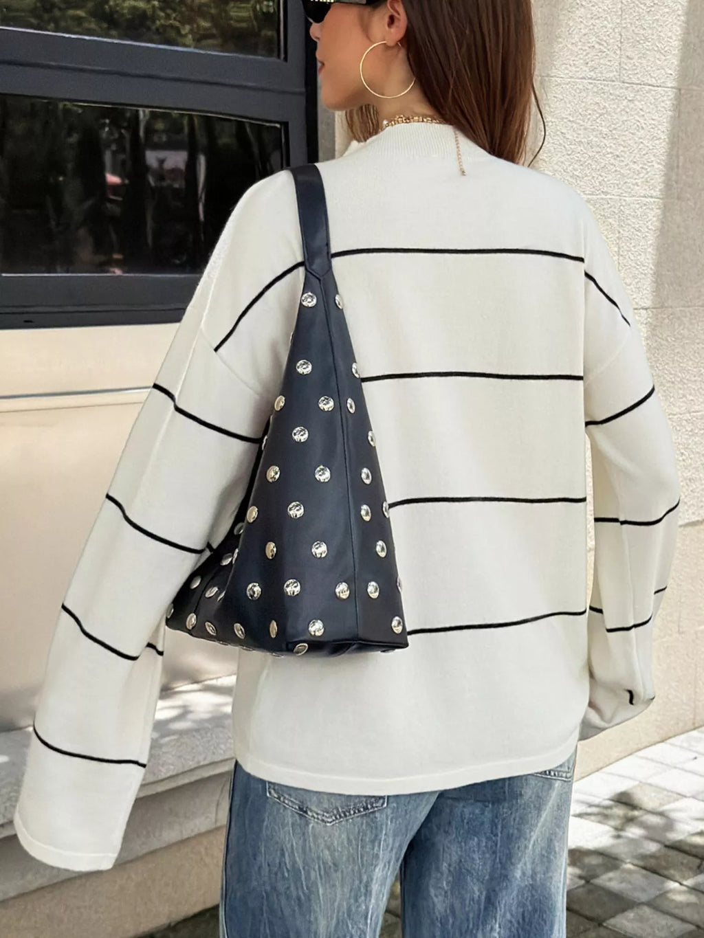 Women's Black And White Stripes Striped Mock Neck Sweater - Black And White Stripes