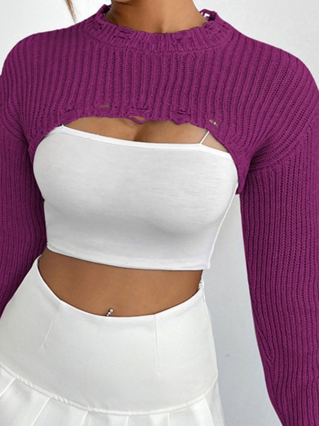 Women's Distressed Long Sleeve Cropped Sweater