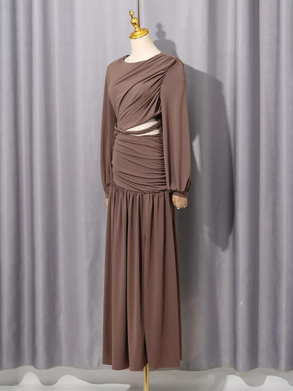 Women's Brown Ruched Long-Sleeve Maxi Dress with Cutout Detail - Brown