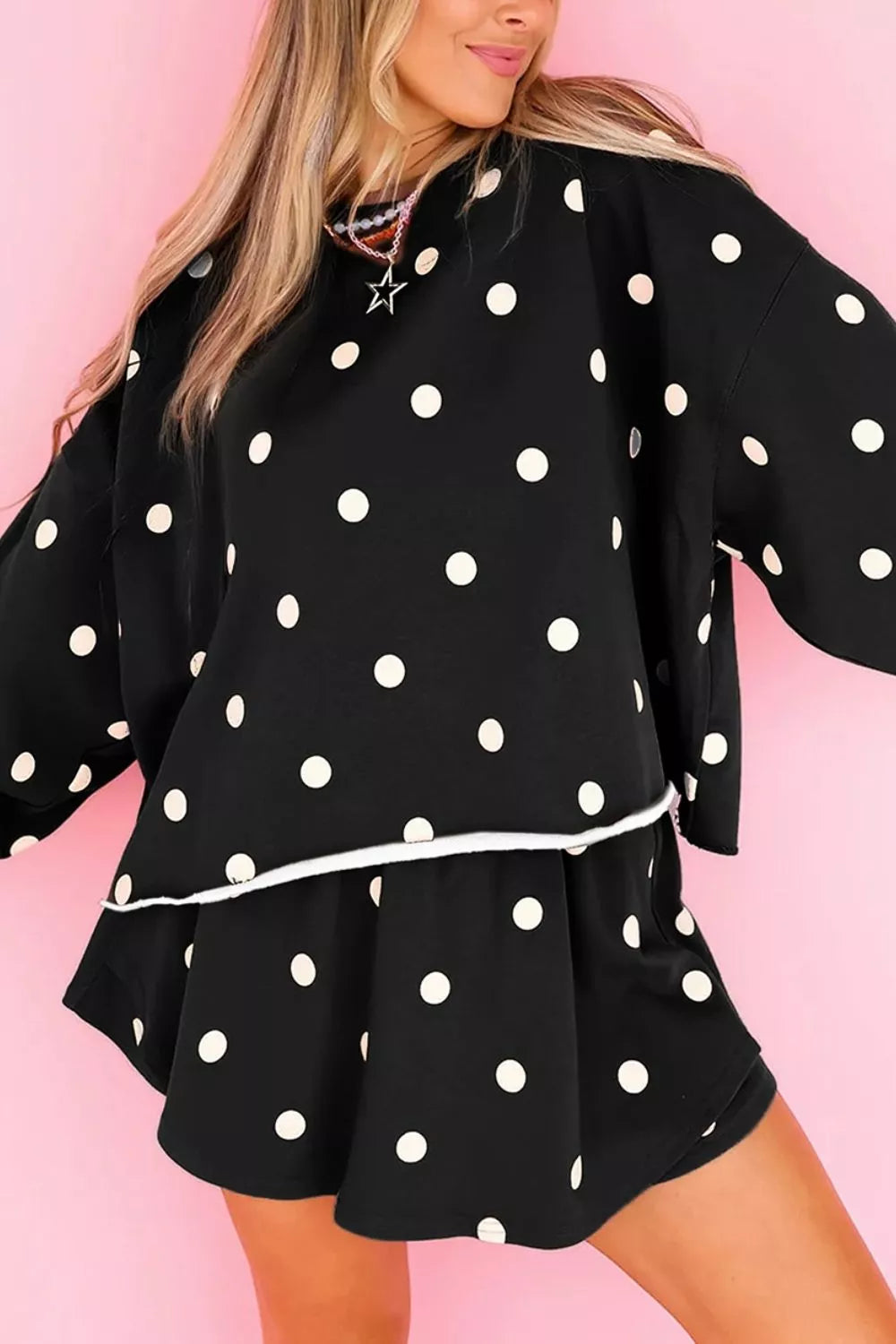 Women's Black Polka Dot Raw Hem Relaxed Pullover Loose Skort Two Piece Set - Black
