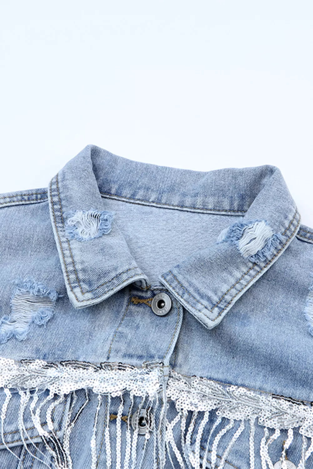 Women's Light Blue Fringed Sequin Embellished Denim Jacket - Light Blue