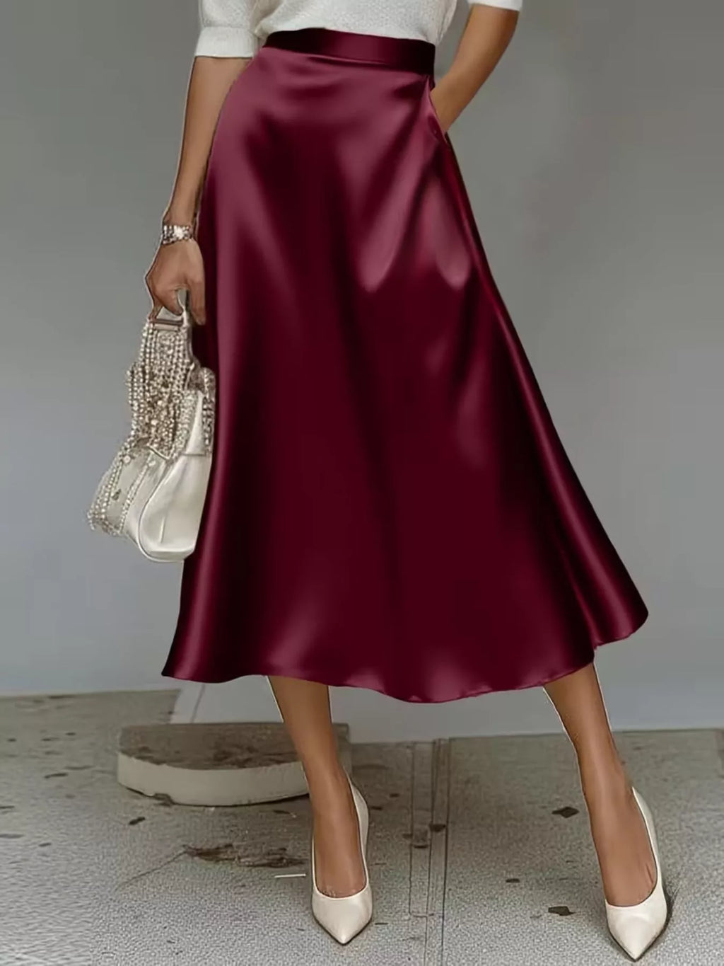 Women's Satin Midi Skirt - Wine Red