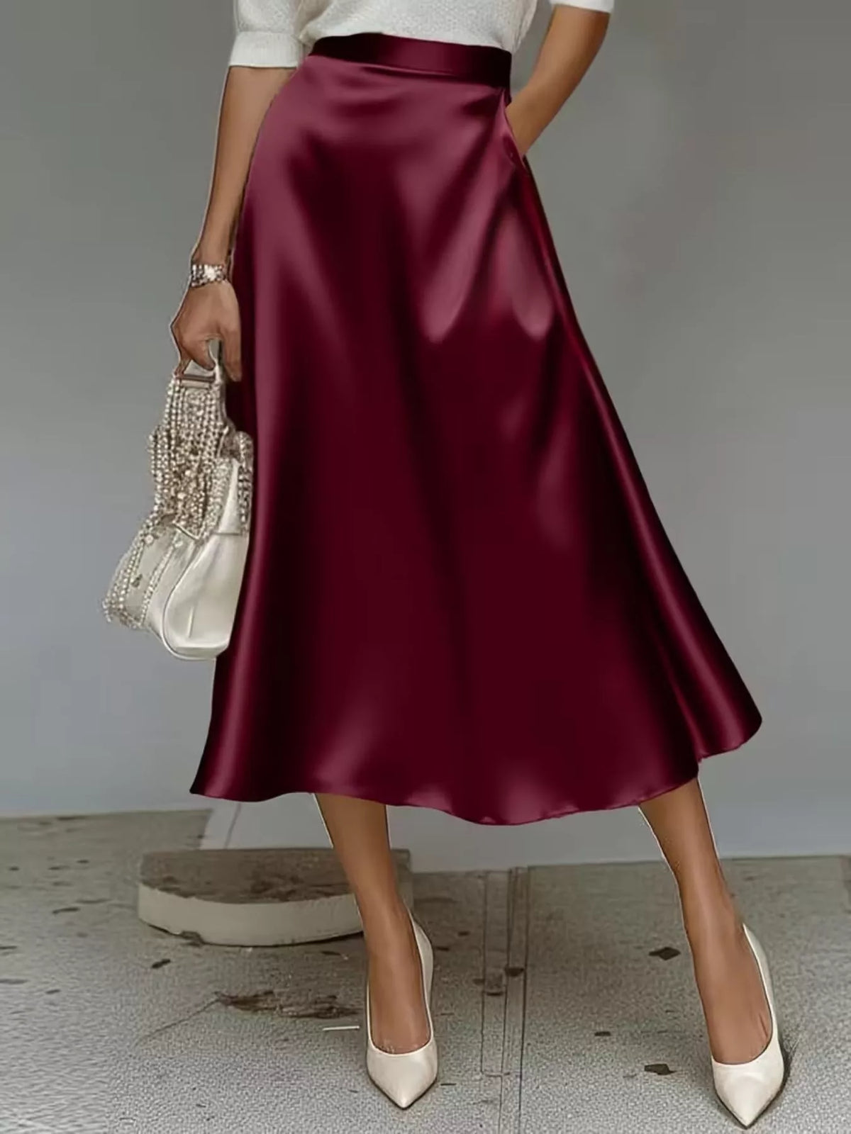 Women's Satin Midi Skirt - Wine Red