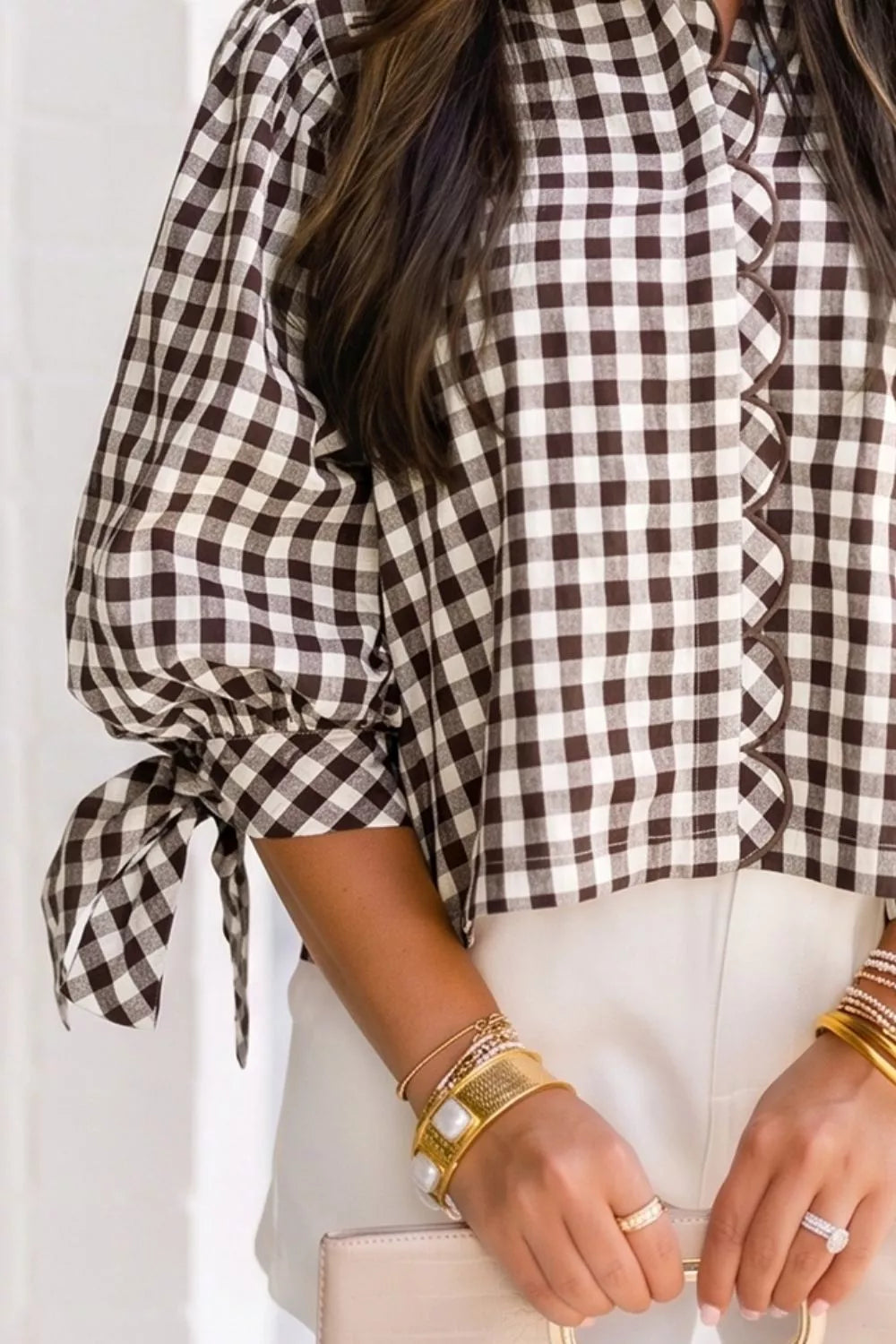 Women's Brown Gingham Scalloped Trim Tie Sleeve Shirt - Brown