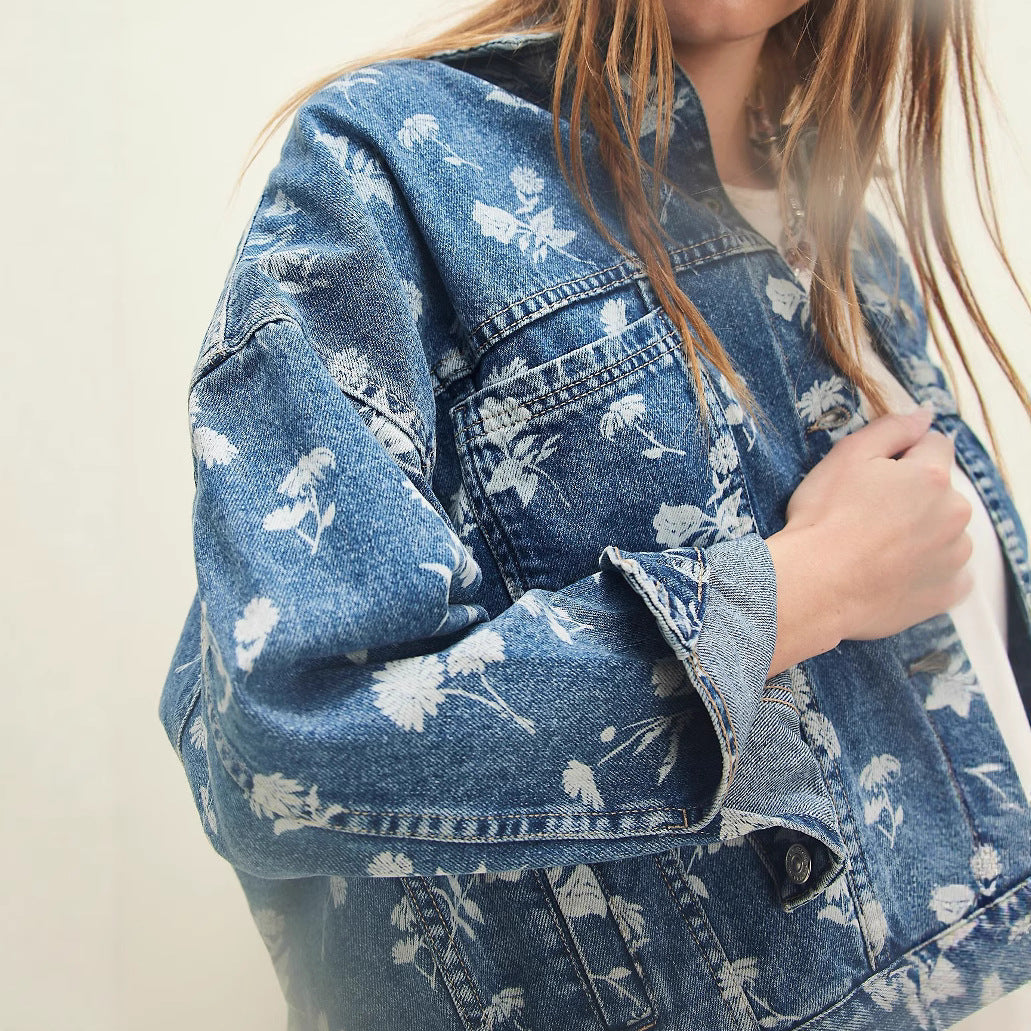 Women's Dark blue Floral Print Oversized Denim Jacket - Dark blue