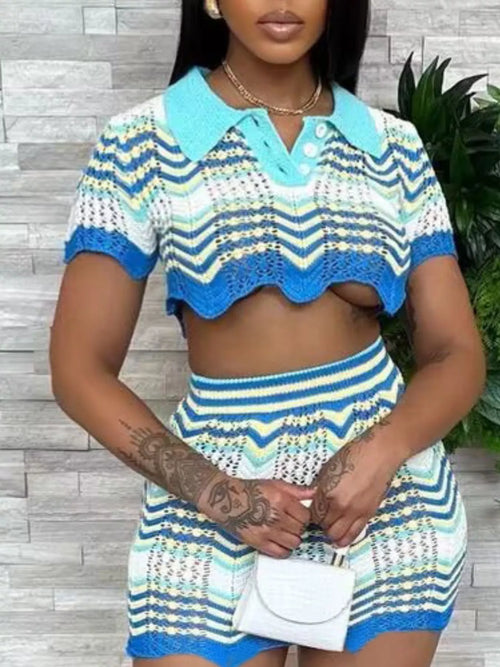 Chevron Knit Polo Crop Top and Mini Skirt Set