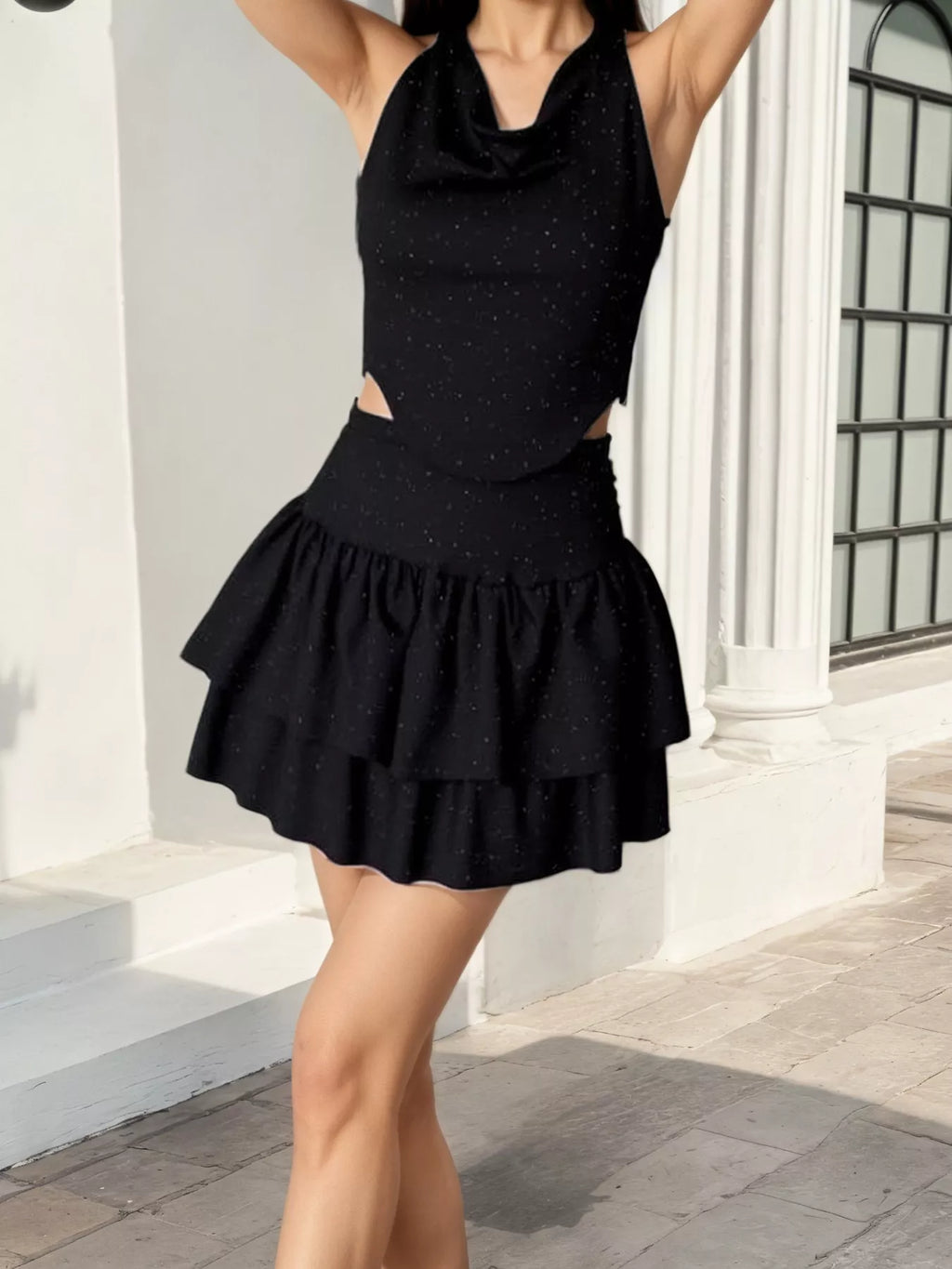 Women's Halter Neck Crop Top and Layered Ruffle Mini Skirt Set