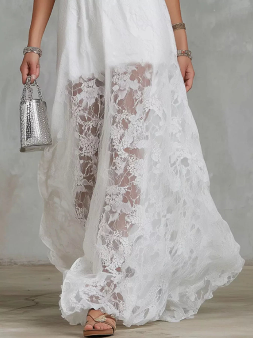 Women's White Halter Neck Lace Hem Maxi Dress - White