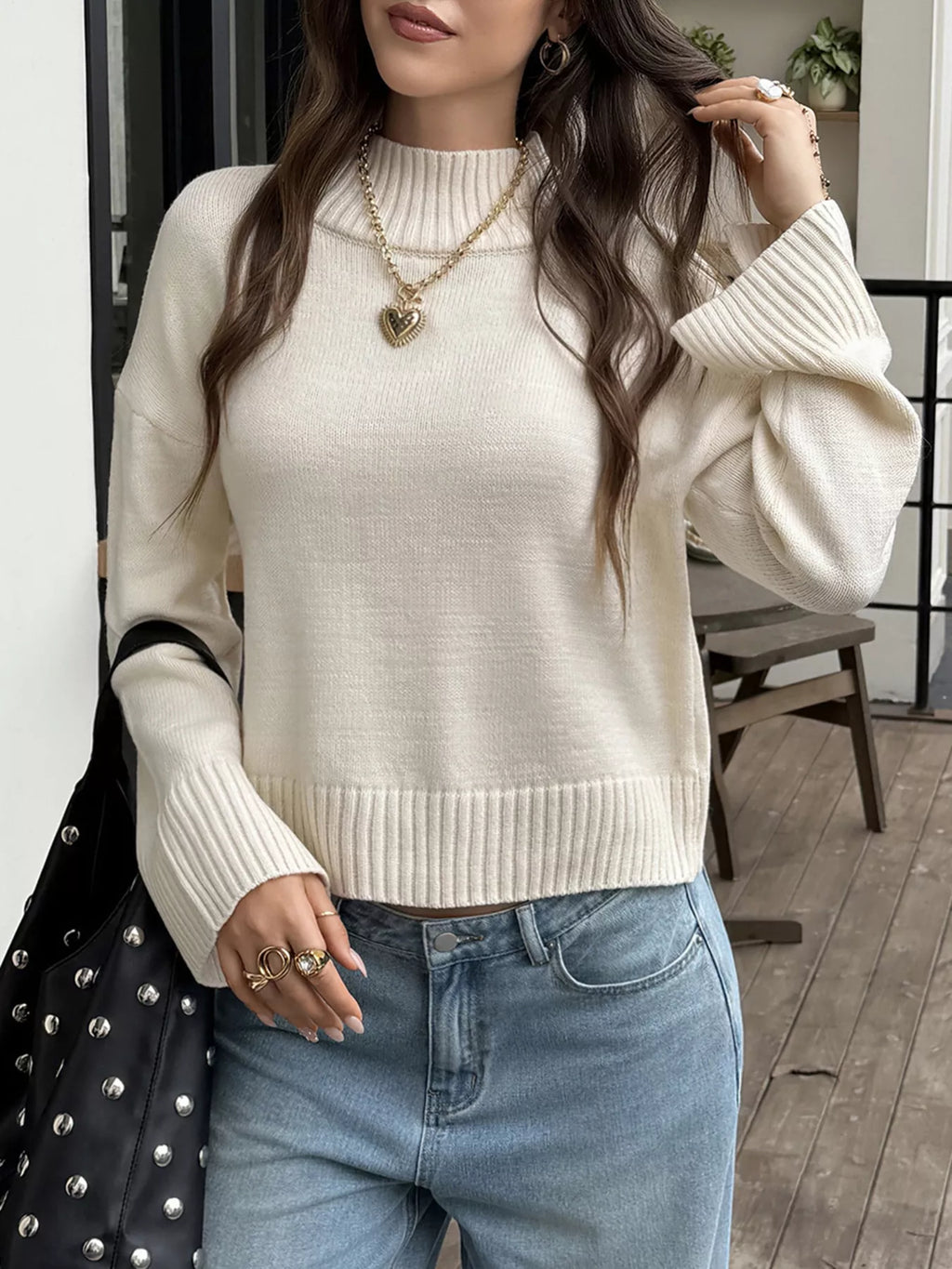 Women's Beige Mock Neck Dropped Shoulder Sweater - Beige