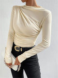 Women's Cross-border 2026 Europe And The United States Solid Color Slim Base Shirt Joker Pleated Design Sense Long Sleeve T-shirt Women's Top - Apricot