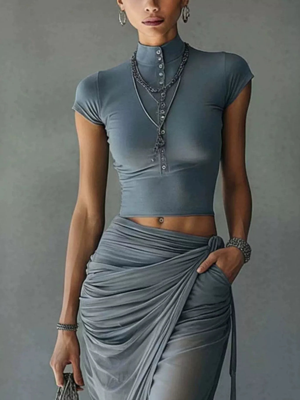 Women's Air Force Blue Mock Neck Crop Top and Ruched Maxi Skirt Set - Air Force Blue