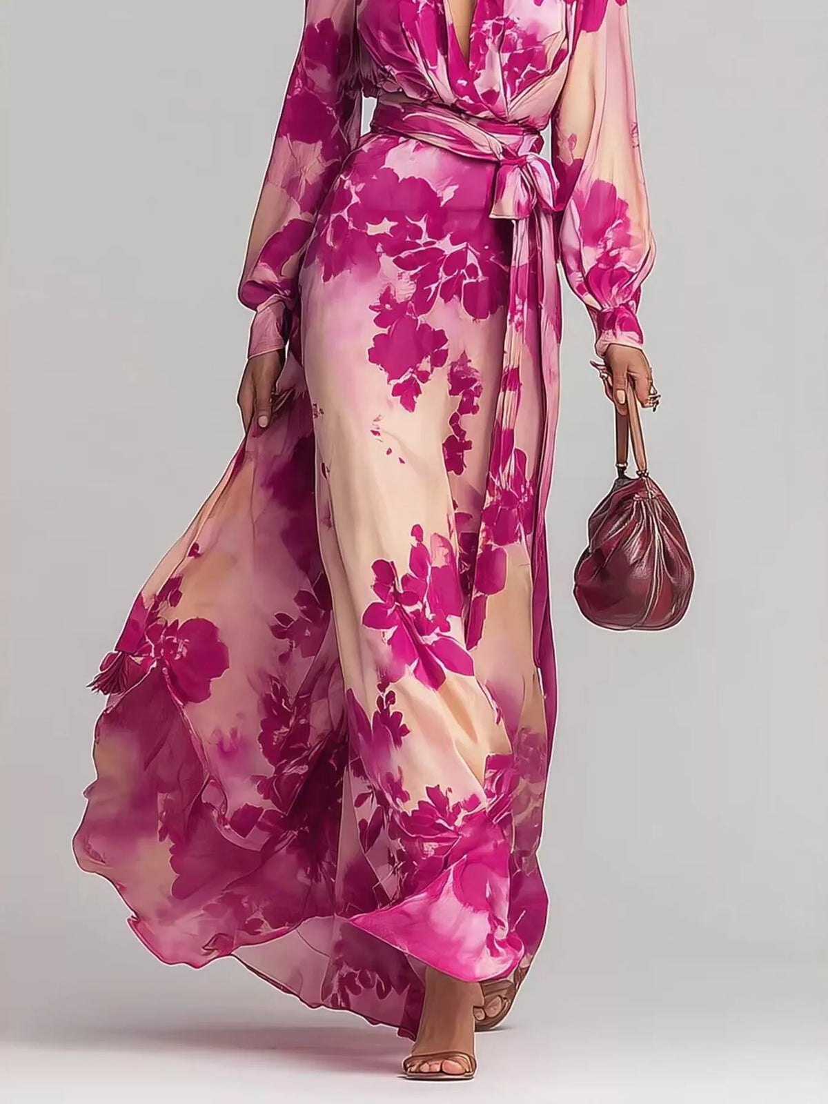 Women's Hot Pink Floral Print Maxi Dress with Waist-Tie Detail - Hot Pink