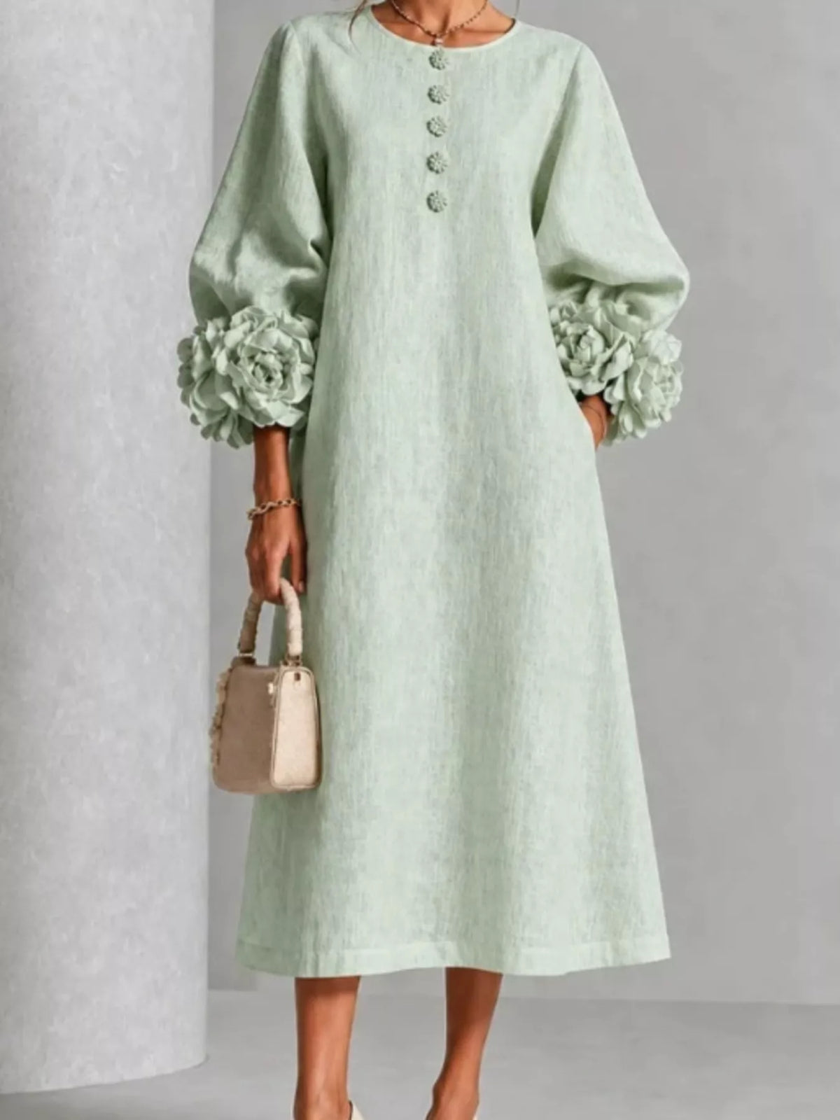 Women's 3D Floral Round Neck Midi Dress