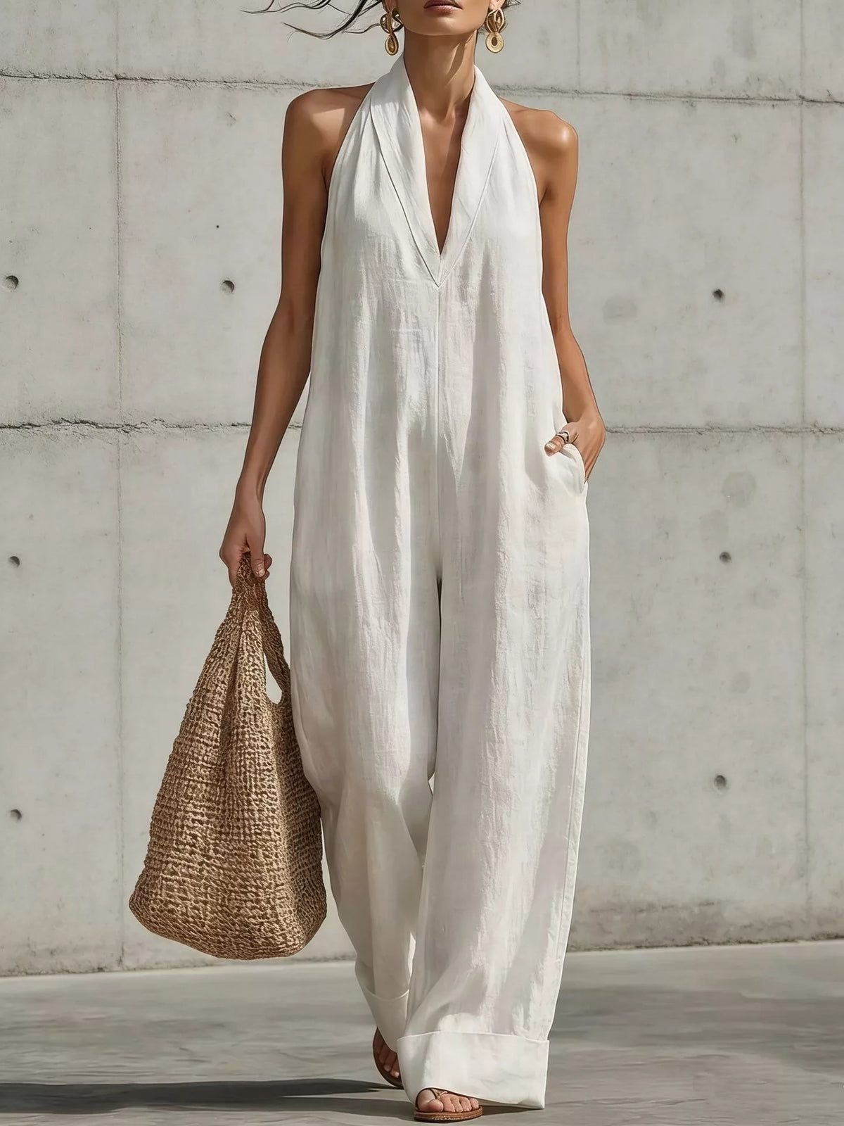 Women's Halter Neck Wide-Leg Jumpsuit, Plus Size - White