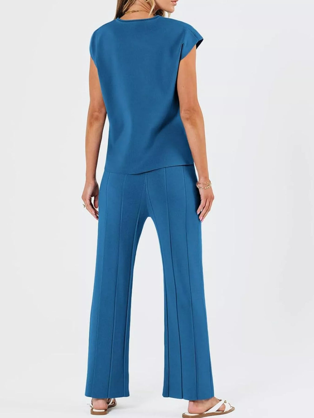 Women's Casual Solid Color Cap Sleeve Top and Pants Knit Set
