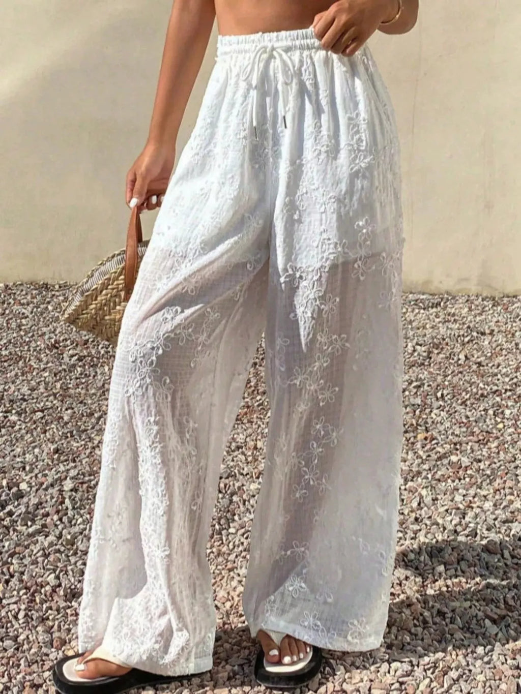 Women's White Drawstring Wide-Leg Pants - White