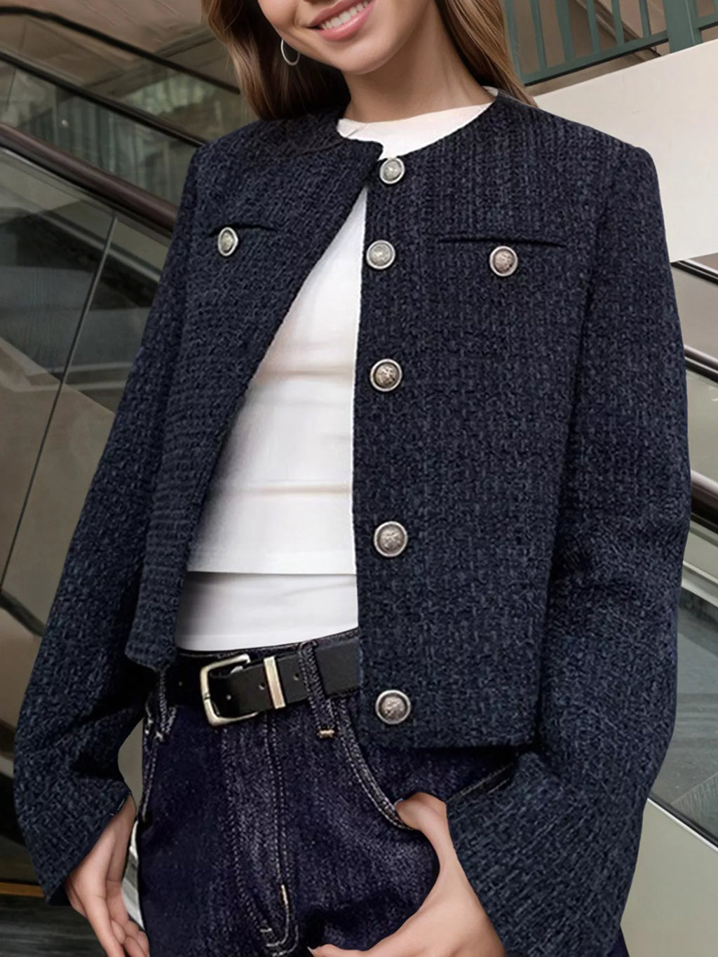 Women's Blue Tweed Metallic Buttons Cropped Outerwear - Blue