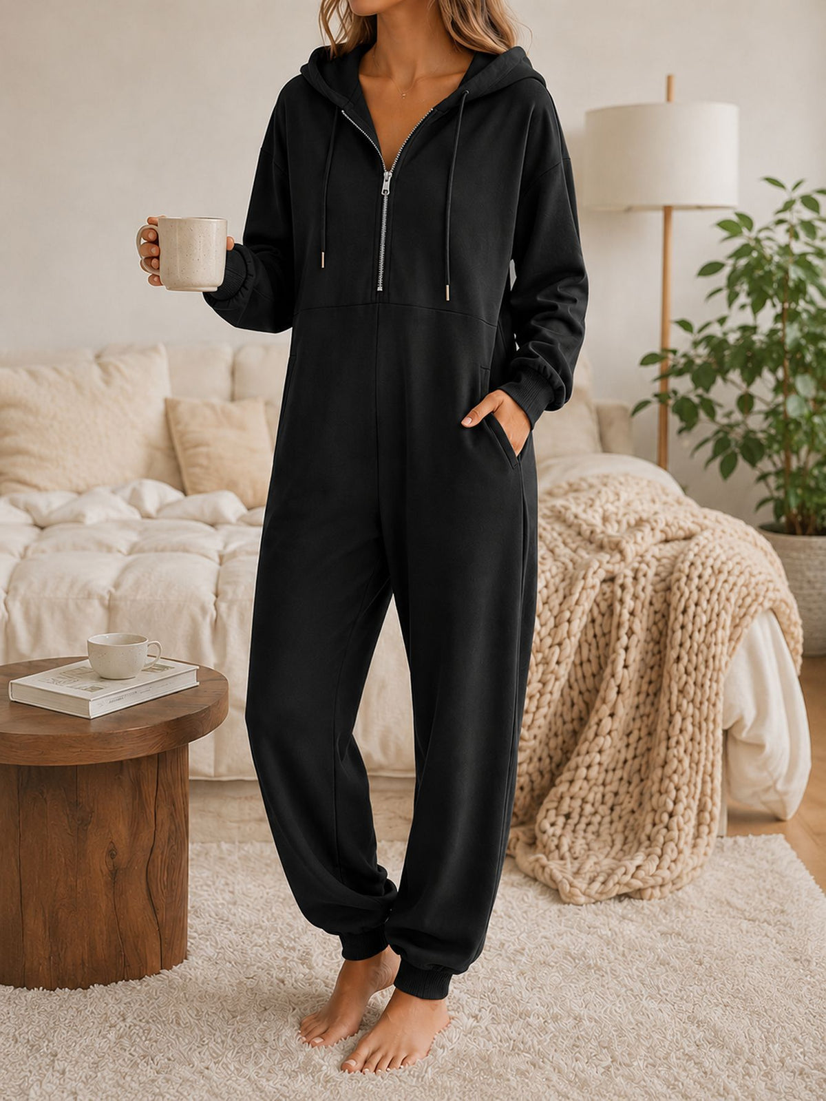 Women Hooded Jumpsuit Loungewear, Half Zip Drawstring Long Sleeve Jogger One Piece Pajama Jumpsuit With Pockets