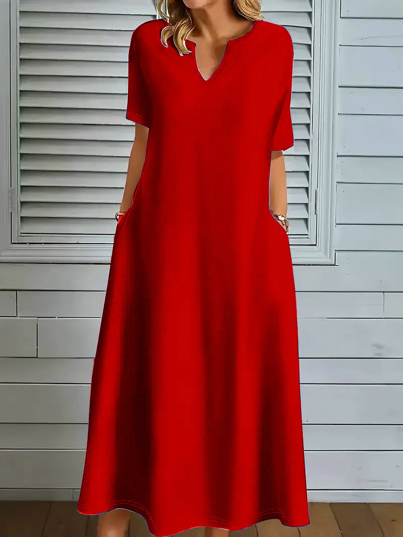 Women's Solid-Color V-Neck Summer Dress