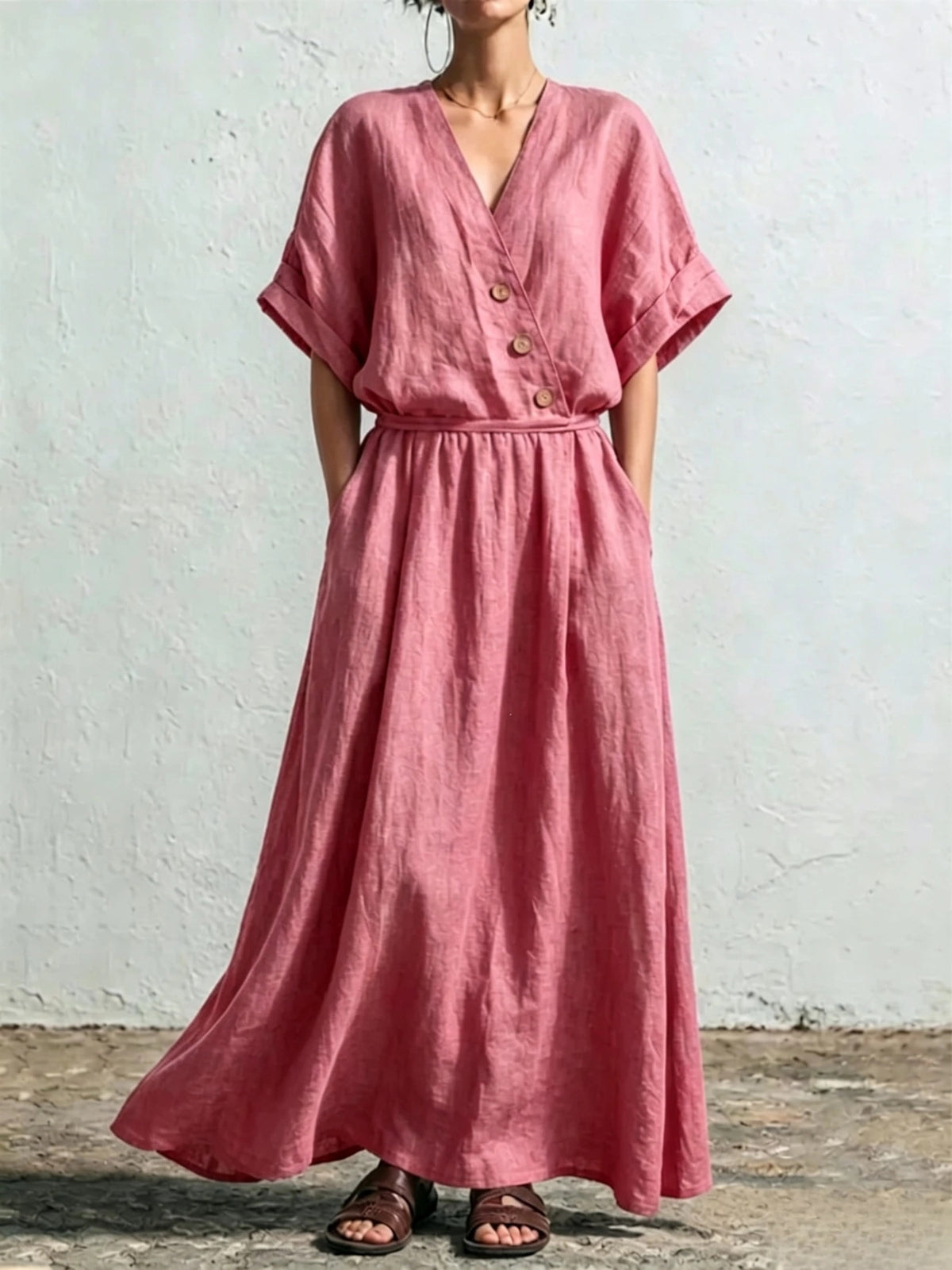 Women's Solid-Color Casual Loose V-Neck High-Waisted Dress