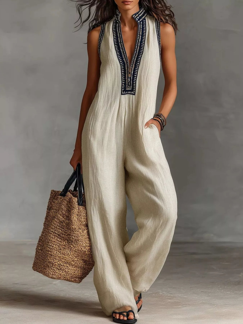 Women's Sleeveless Wide-Leg Jumpsuit, Plus Size - Ivory