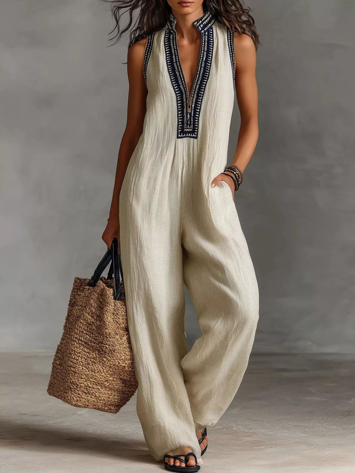 Women's Sleeveless Wide-Leg Jumpsuit, Plus Size - Ivory