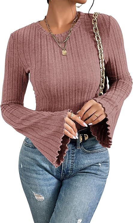 Ribbed, Brushed Crew-neck Long-sleeve Womens T-shirt