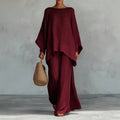 Women's European And American Cross-Border New Style Women's Simple Loose Linen Blend Shirt And Wide-Leg Pants Set - Burgundy